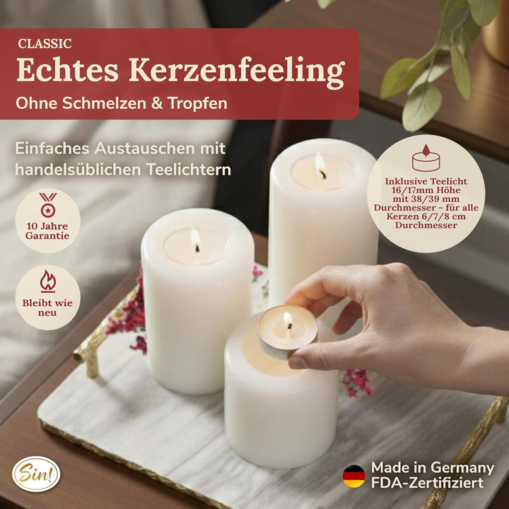 Sin!® 1x Teelichthalter &amp; Dauerkerze Classic ∅6cm Höhe 8cm warmweiss - Die Kerze die Nicht schmilzt!