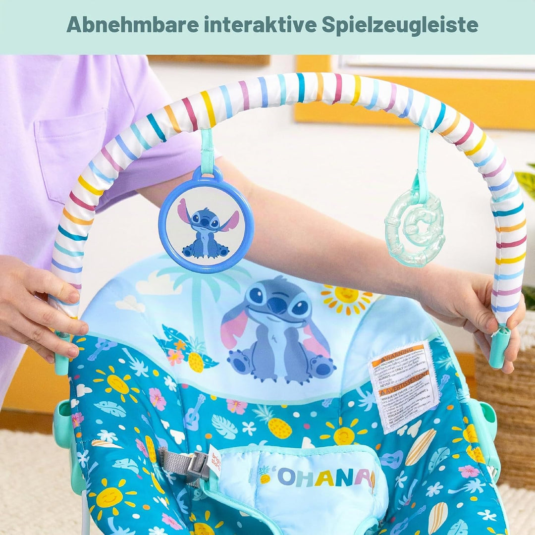 Bright Starts Disney Stitch Ohana Paradise Vibrierende Baby-Wippe, Abnehmbarer Spielbogen, 2 Spielze