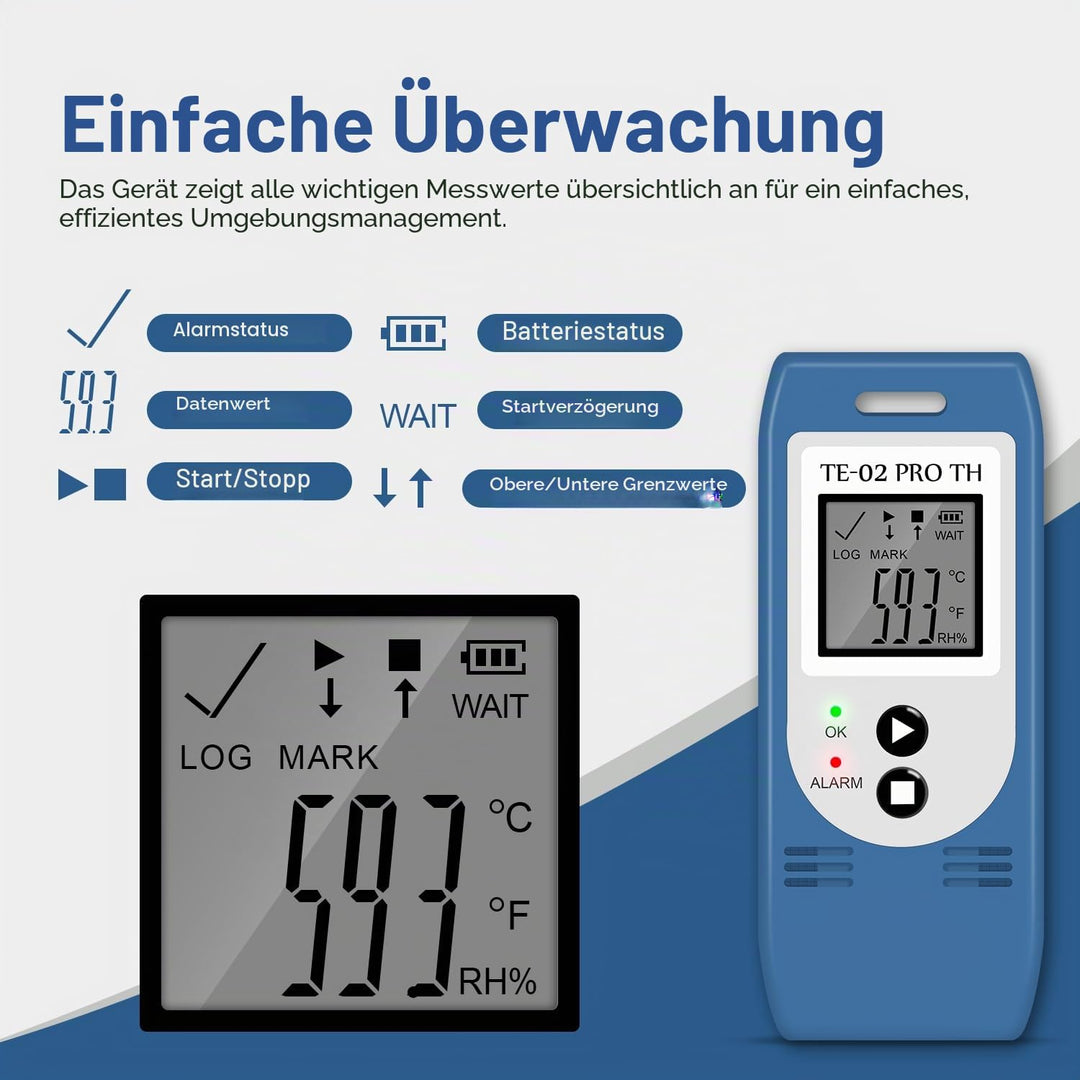 ThermElc TE-02 Pro TH Datenlogger Temperatur Luftfeuchtigkeitmit automatischen CSV PDF Berichten, Ve