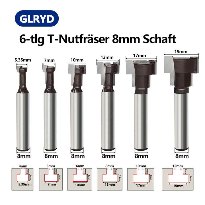 6-tlg. T-Nutfräser-Set 8mm Schaft – Hartmetall T Nut-Fräser Oberfräse, T-Track Schlitz, für Holz, Ho