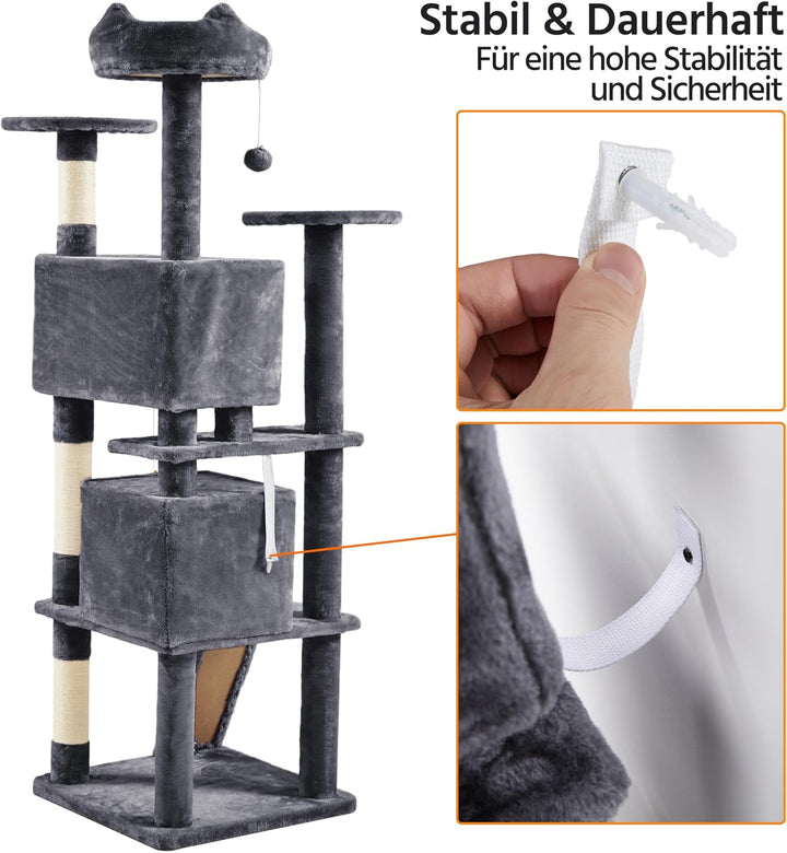 Yaheetech 178 cm Kratzbaum gross Stabiler Katzenbaum mit 2 Höhlen dunkelgrau Dunkelgrau 55 x 55 x 17