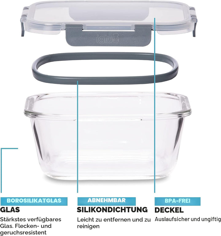Igluu Meal Prep - Stapelbare quadratische Behälter aus Glas (3 Stück) – BPA-freie auslaufsicherer, l