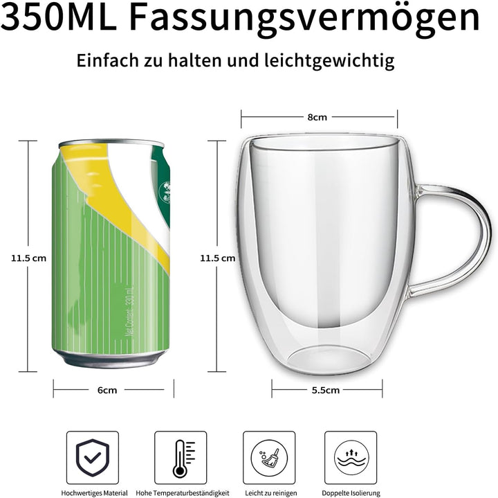 Latte Macchiato Gläser 350 ml, 6er Set, doppelwandige Kaffeegläser mit Henkel, aus Borosilikatglas,