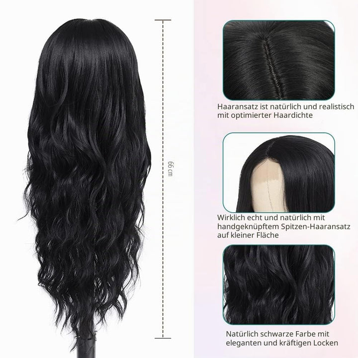 PORSMEER Lange Wellig Perücken Schwarz, 66 cm Perücke Für Frauen Afro Mittelscheitel Synthetik Haar