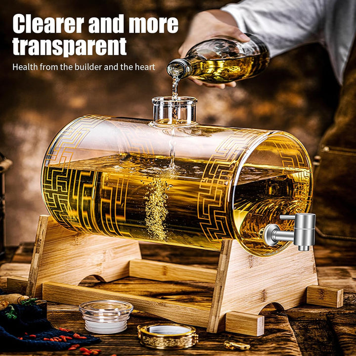 Glas Weinfass mit Hahn, Whisky Dekanter Set mit Ständer, Fassförmiger Getränkespender aus Glas 3-5L,