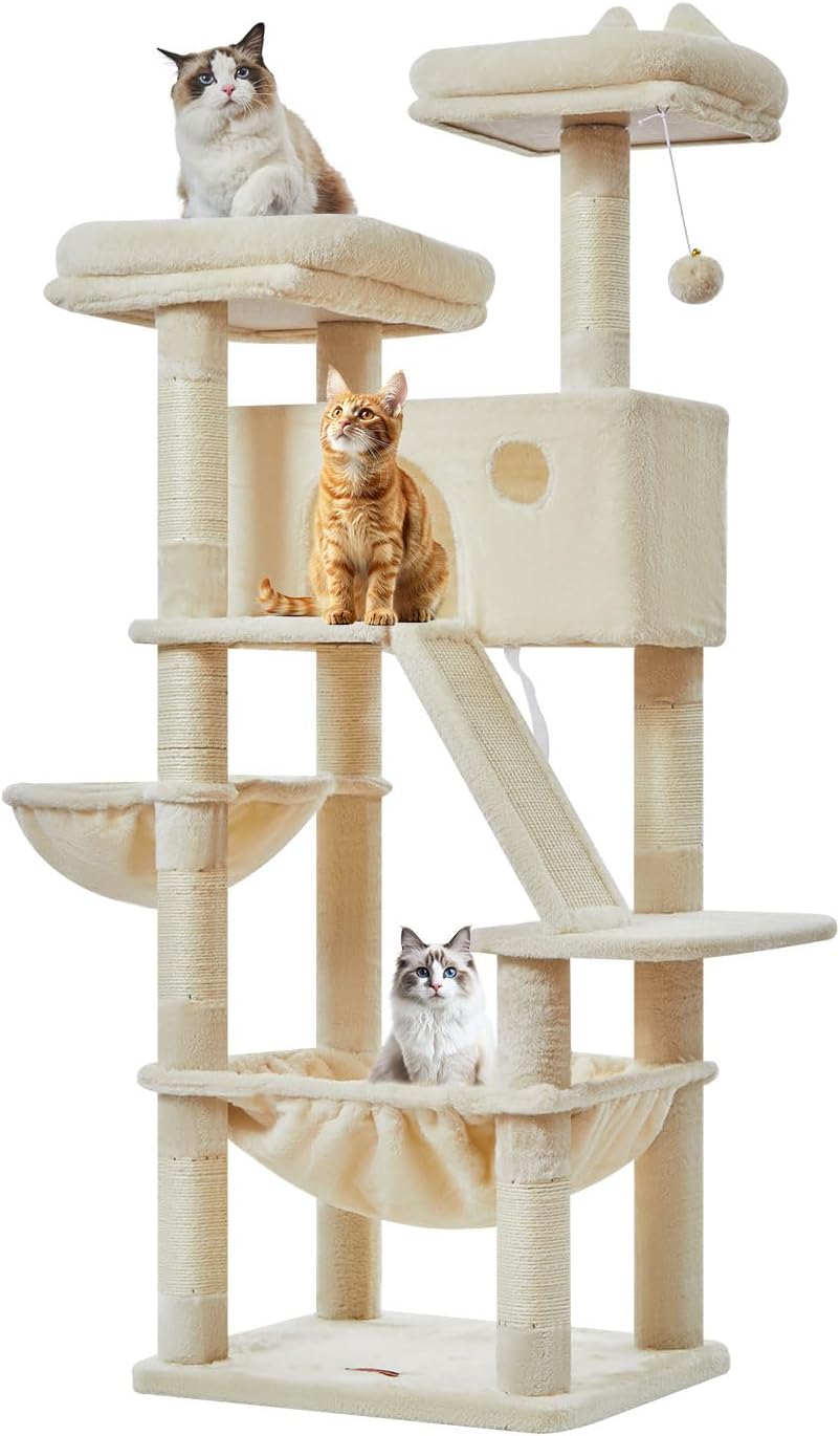 Taoqimiao 146CM Kratzbaum Gross, Katzenbaum Katzen Kratzbaum Grosse Katzen Stabil mit 2 Katzenhaus,