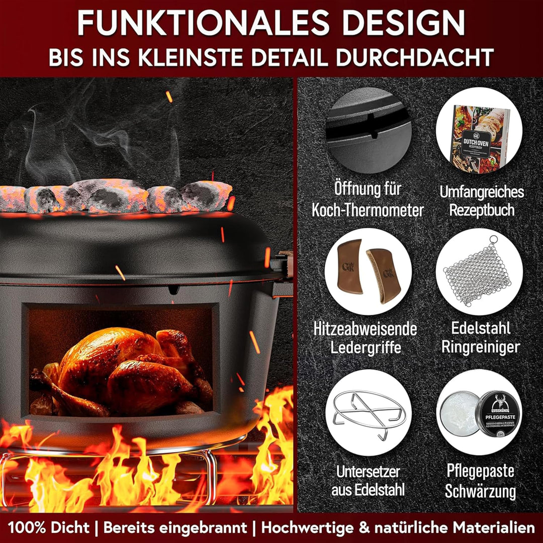 Dutch Oven–2in1 Eingebrannter Gusseisen Topf 4,8 L &amp; Gusspfanne 1,8 L–Dutch Oven Set mit Schmortopf