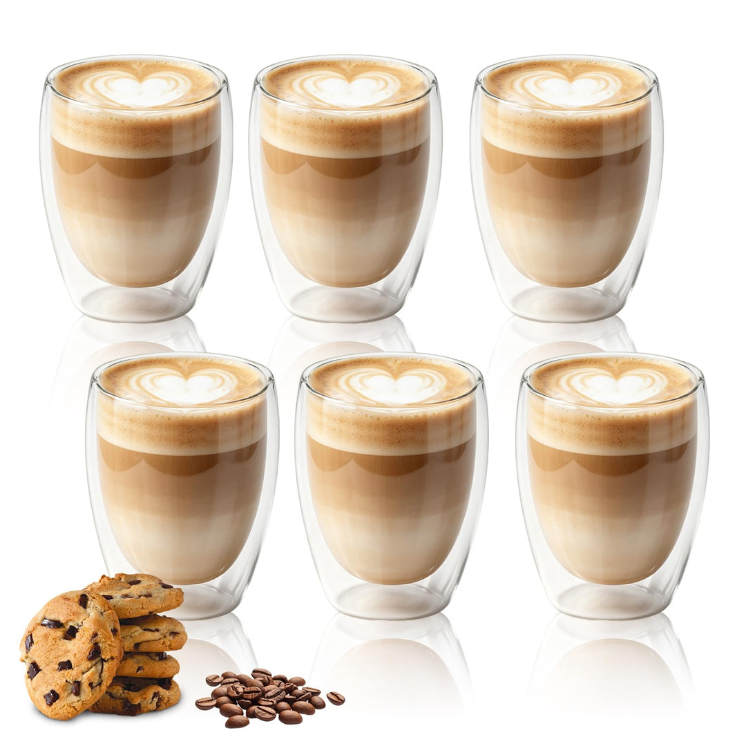 Latte Macchiato Gläser 6er Set, Cappuccino Tassen, 350ml Doppelwandiges Kaffeegläser, Schwebeeffekt,