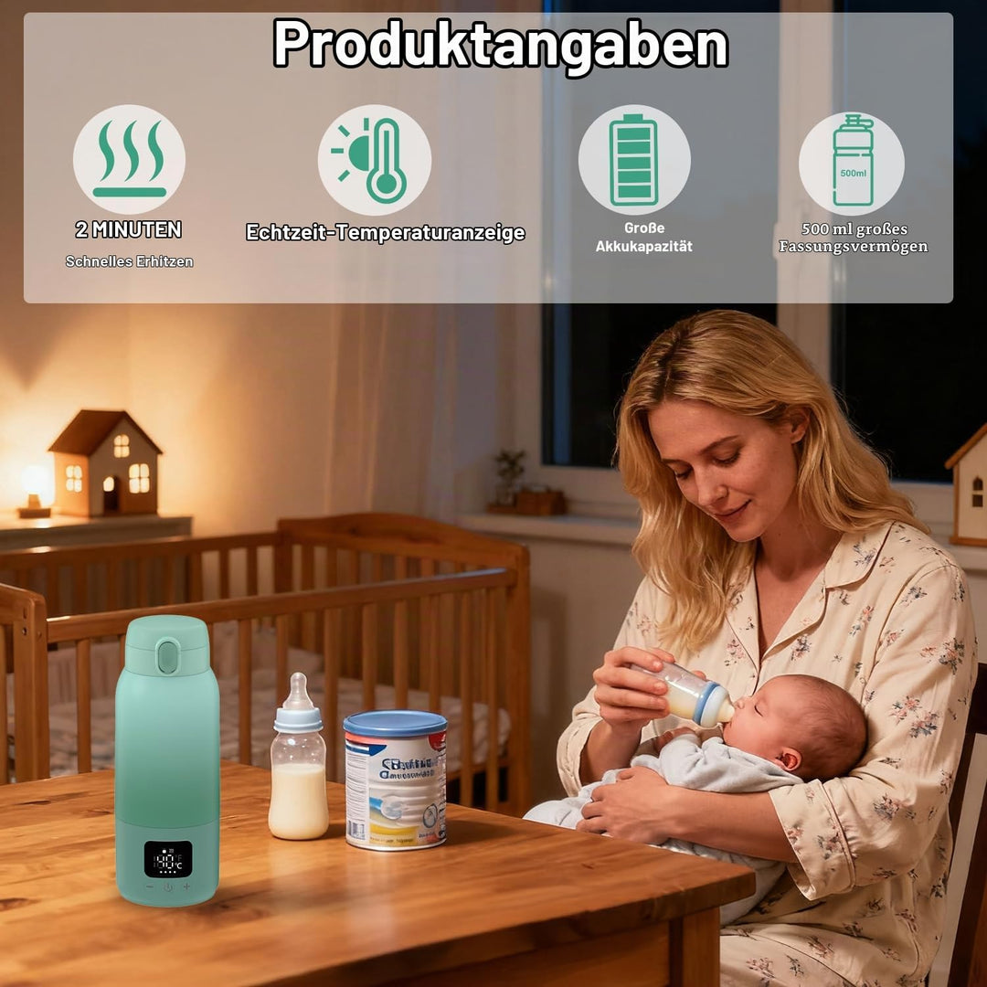 Tragbarer Flaschenwärmer Baby für Unterwegs, Schnelles Aufheizen Muttermilch und Wasser, Lange Akkul