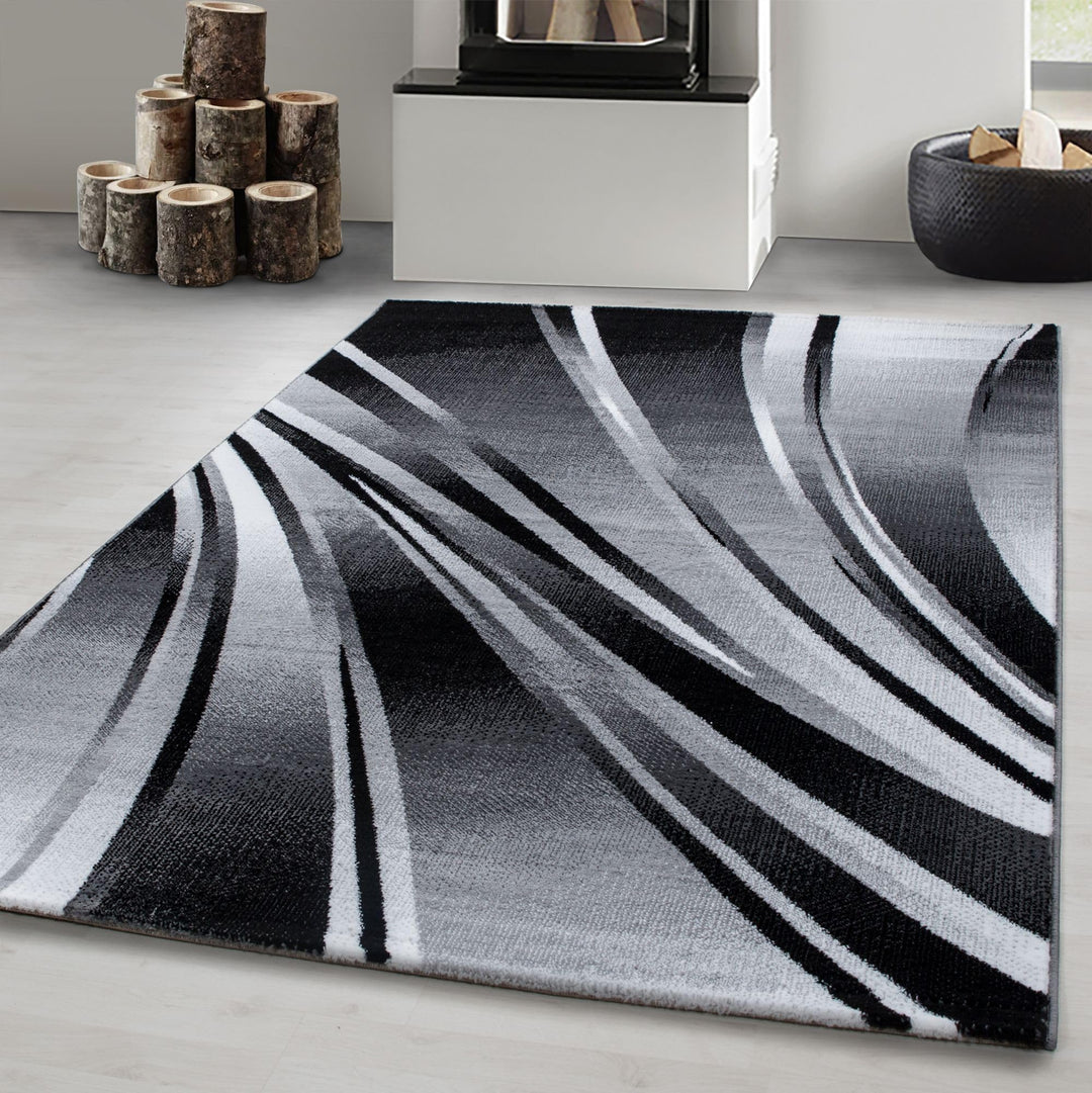 Carpetsale24 Teppich Wohnzimmer 240x340 cm Schwarz XL Modern Abstraktes Wellen Design Kurzflor für g