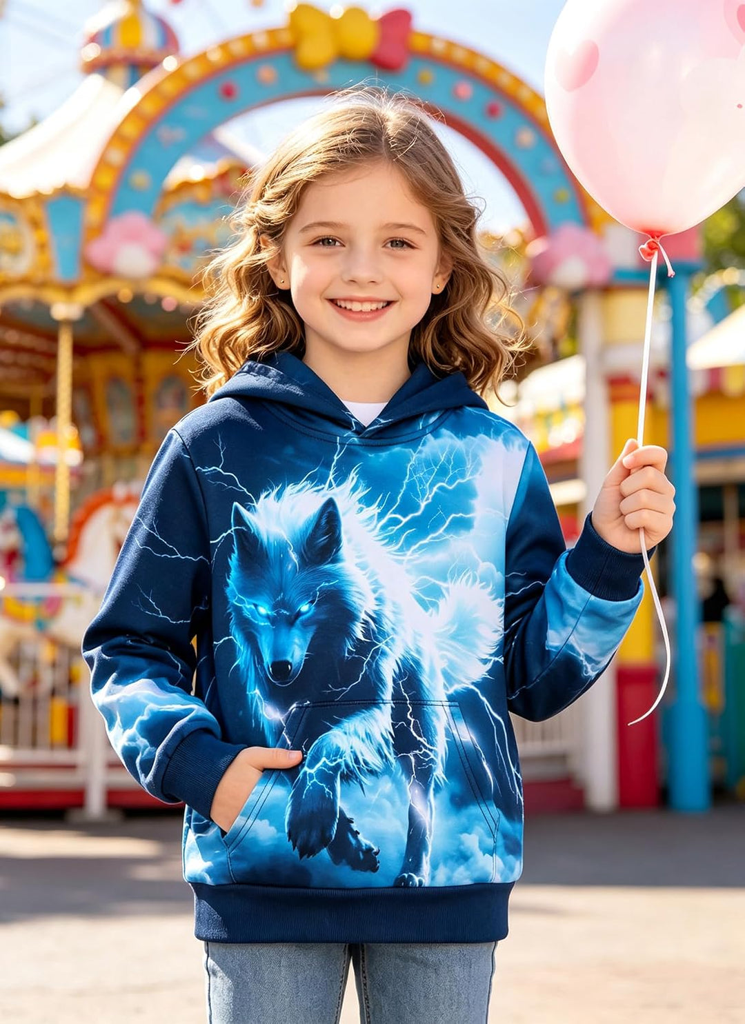AIDEAONE Jungen Mädchen 3D Hoodie Kapuzenpullover Sweatshirt Mit Kapuze, Wolf Blitz 6-7 Jahre