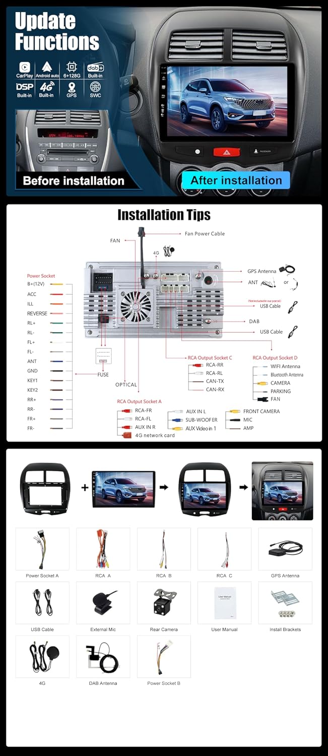 Eingebaut 4G &amp; DAB | Android 15 QLED Autoradio für Mitsubishi ASX (2010-2019) |6G+128G | Carplay &amp; A