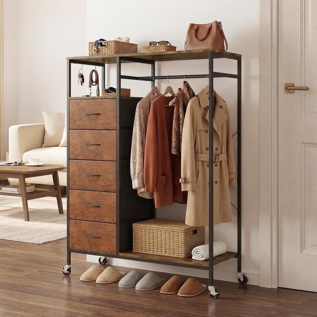 HOKEEPER Kleiderständer auf Rollen Braun 101x35x110.6cm, Braun 101x35x110.6cm