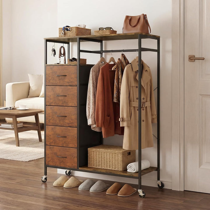 HOKEEPER Kleiderständer auf Rollen Braun 101x35x110.6cm, Braun 101x35x110.6cm