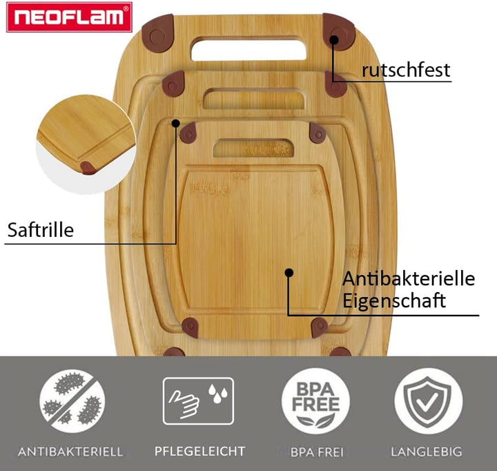NEOFLAM® - Bambus Schneidebrett Holz rutschfest 3er Set Schneidbretter mit Griff &amp; Saftrille - natür