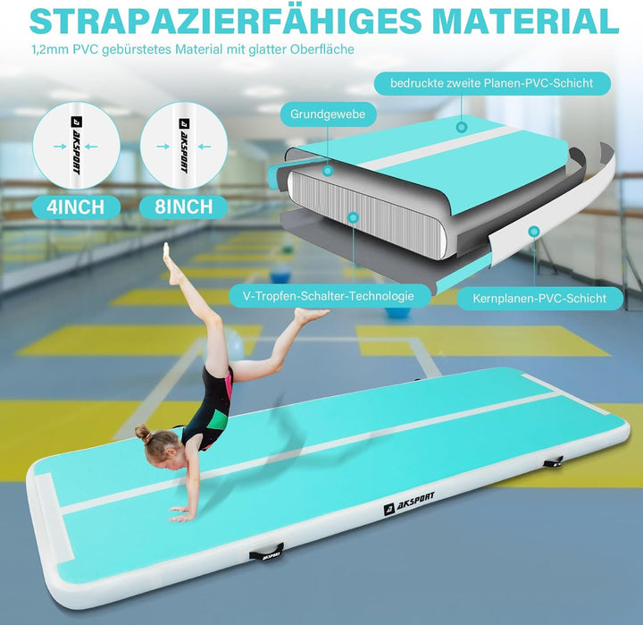 AKSPORT Air Matte Track Tumbling Matte,3/4/5/6m Aufblasbar Gymnastikmatte Turnmatte Tumbling Matten