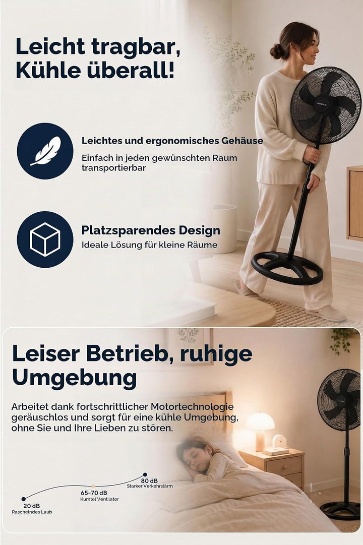 Opviq Kumtel Verstellbarer schwarzer Ventilator, 60 W, 50 x 50 x 132 cm | 3 Geschwindigkeitsstufen,