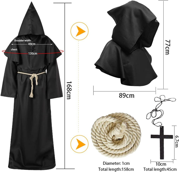 Wishstar Mönch Robe, XL Mittelalterliche Renaissance Robe, Kostüm Mönch mit Kapuze und Kordel, Schwa