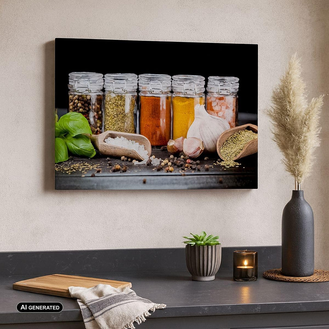 Bilder auf Leinwand Gewürze Knoblauch Holz Salz Leinwandbild 70x50cm Wandbilder Dekoration Wohnzimme