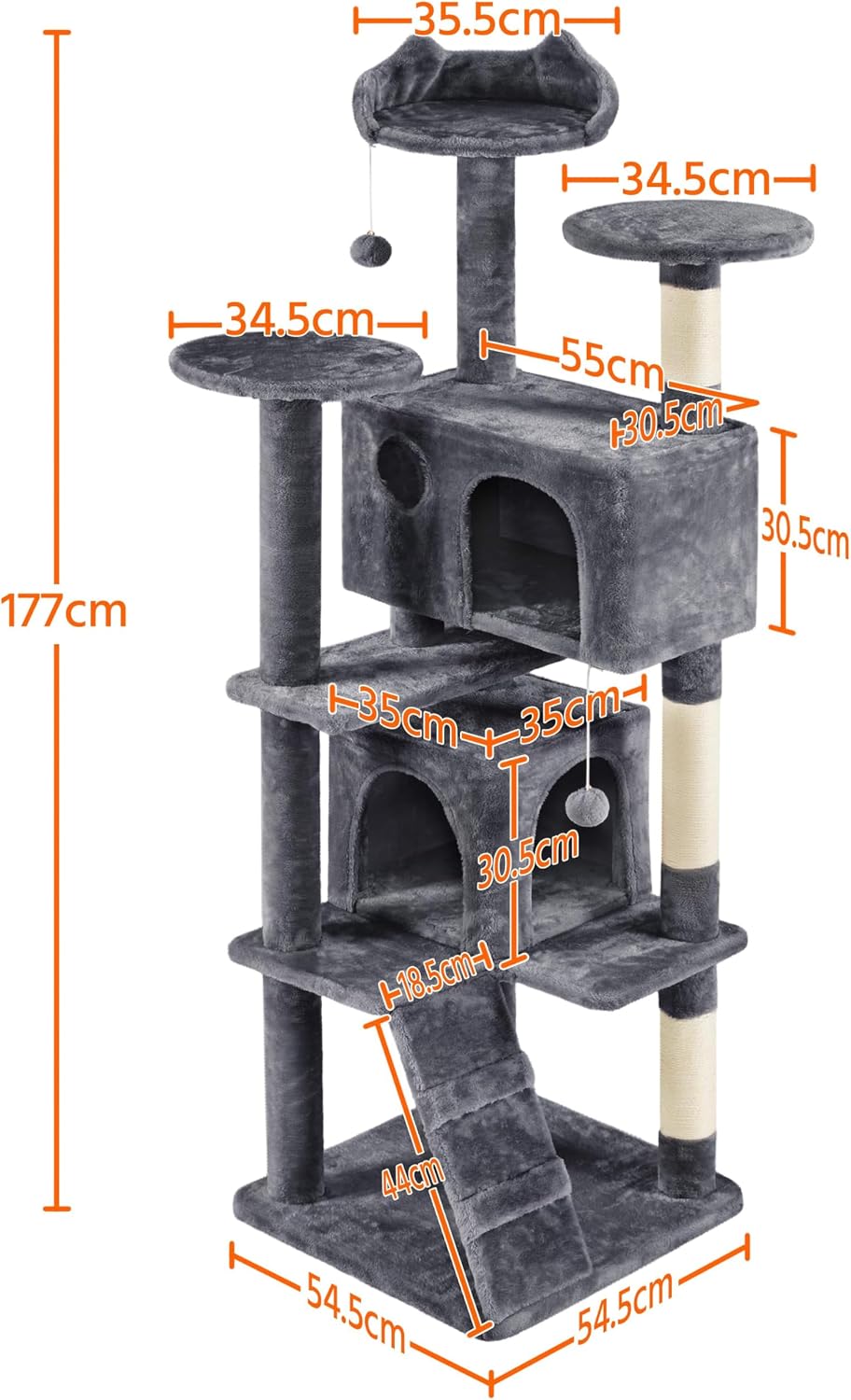 Yaheetech 178 cm Kratzbaum gross Stabiler Katzenbaum mit 2 Höhlen dunkelgrau Dunkelgrau 55 x 55 x 17