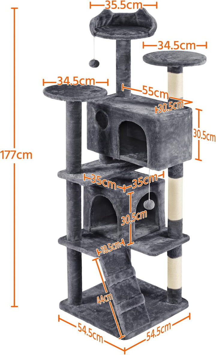 Yaheetech 178 cm Kratzbaum gross Stabiler Katzenbaum mit 2 Höhlen dunkelgrau Dunkelgrau 55 x 55 x 17