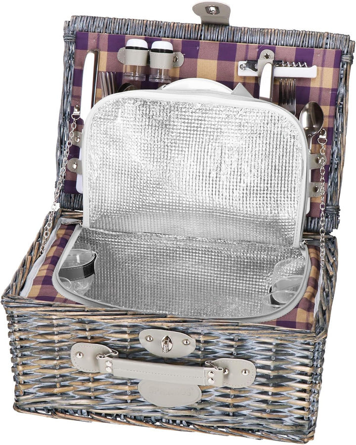 SPRINGOS Weiden - Picknickkorb Thermokorb Picknickkoffer mit Kunstlederhenkel Geschirr Set für 4 Per
