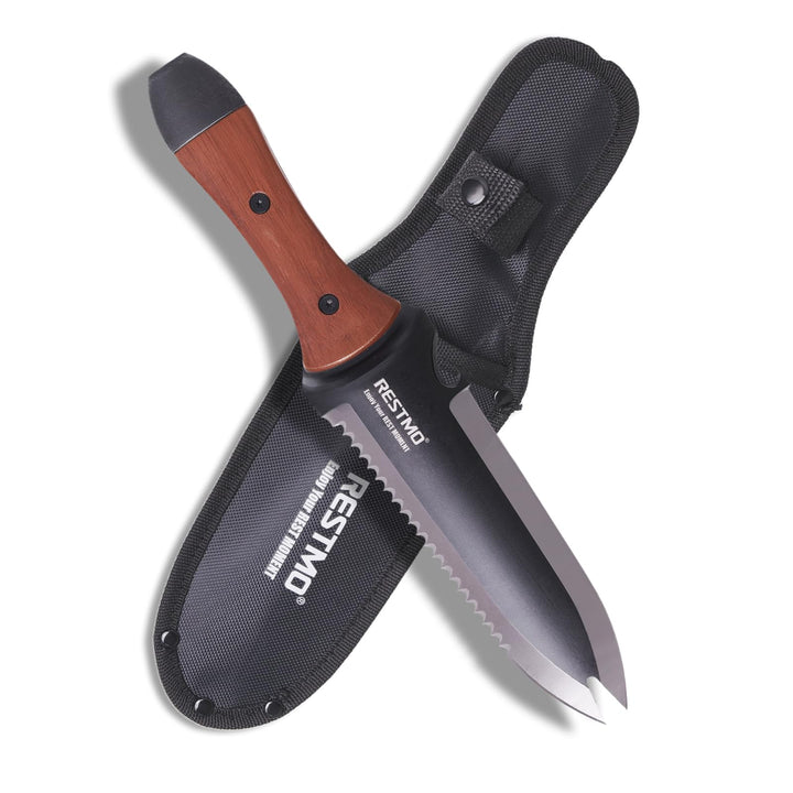 RESTMO Hori Hori Gartenmesser, doppelseitiges Gärtnermesser mit Sägezahnung | Doppelspitzendesign, E