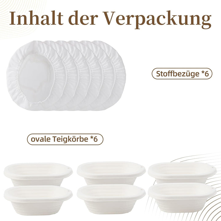6er-Set Ovaler Gärkorb aus Zellstoff 23 x 14 cm mit 6 Leinen-Einlegern – Sauerteig-Brotbackform für