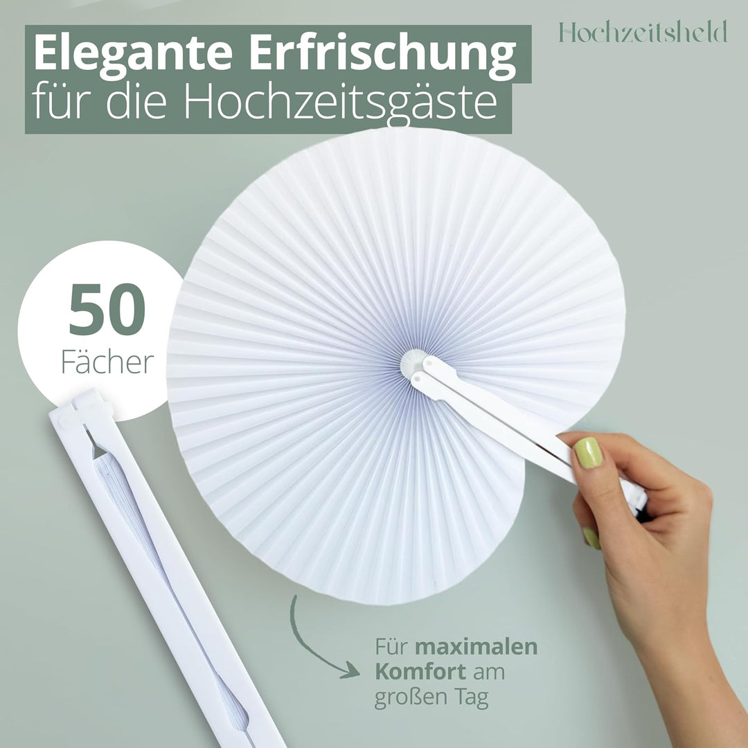 HOCHZEITSHELD Fächer Hochzeit 50 Stück - Faltbare Handfächer zur Erfrischung der Gäste - Papierfäche