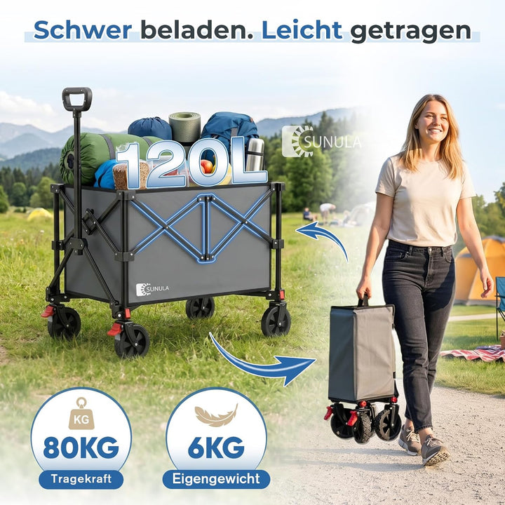 SUNULA Bollerwagen 120 L – 4-seitig zusammenfaltbarer Handwagen klappbar Grau 120L, Grau 120L