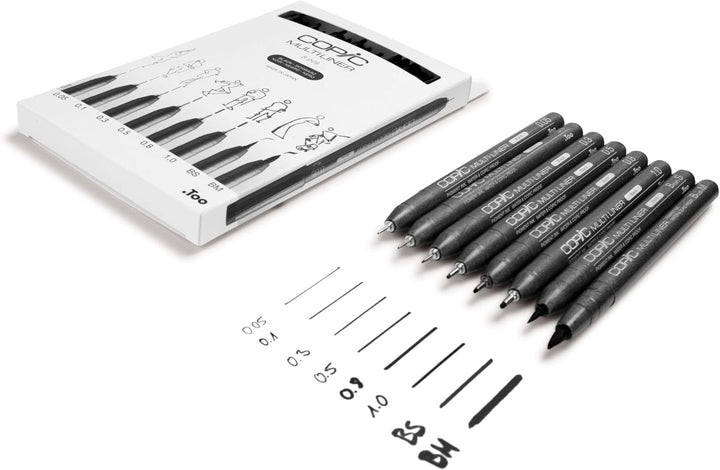 Copic Multiliner Set schwarz, 8 Stifte in 8 verschiedenen Strichstärken mit wasserfester Pigmenttint