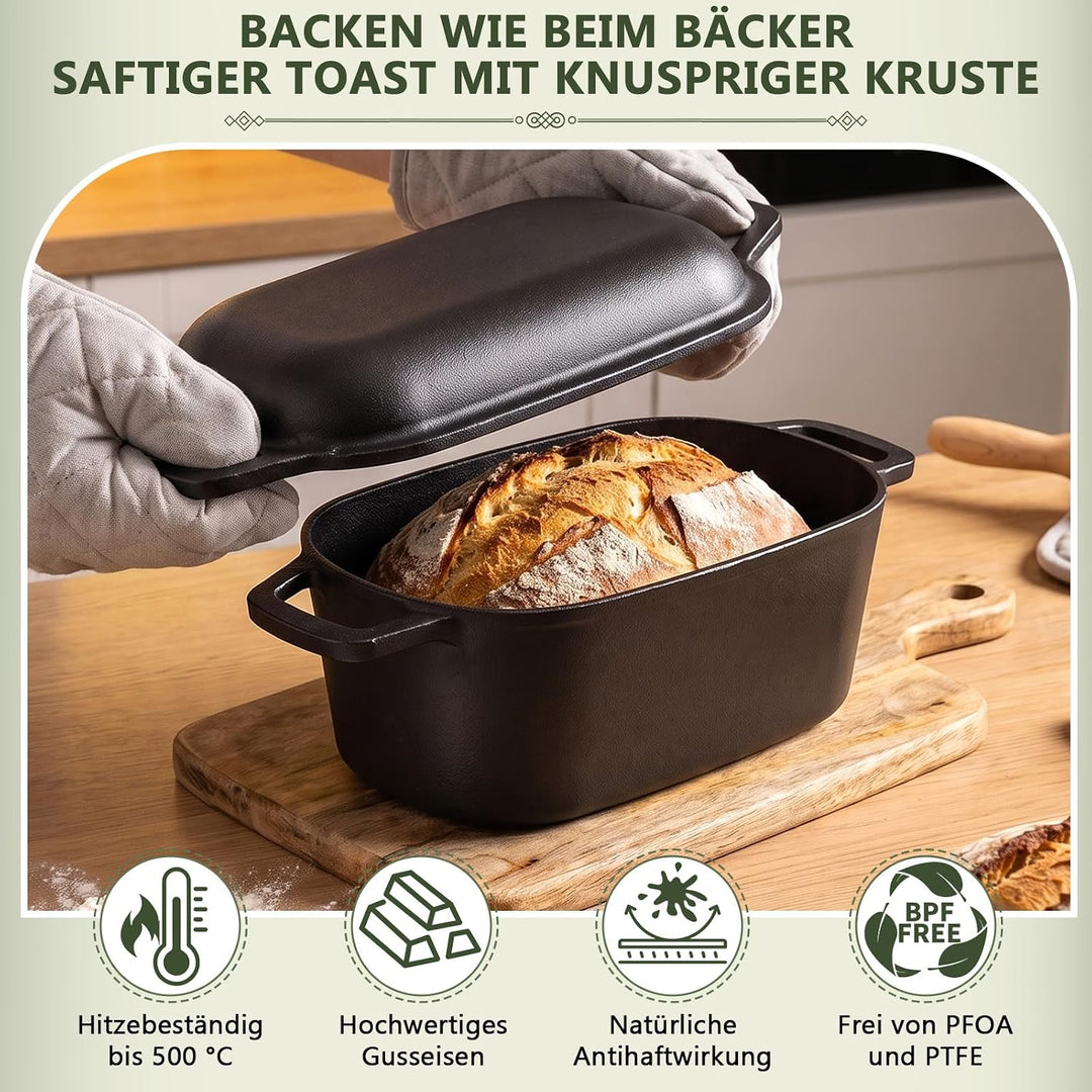 Gusseisen Topf Brot Backen 35cm, Robuste Brotbackform mit Deckel, Gusseisentopf Brotform, Idealer Br