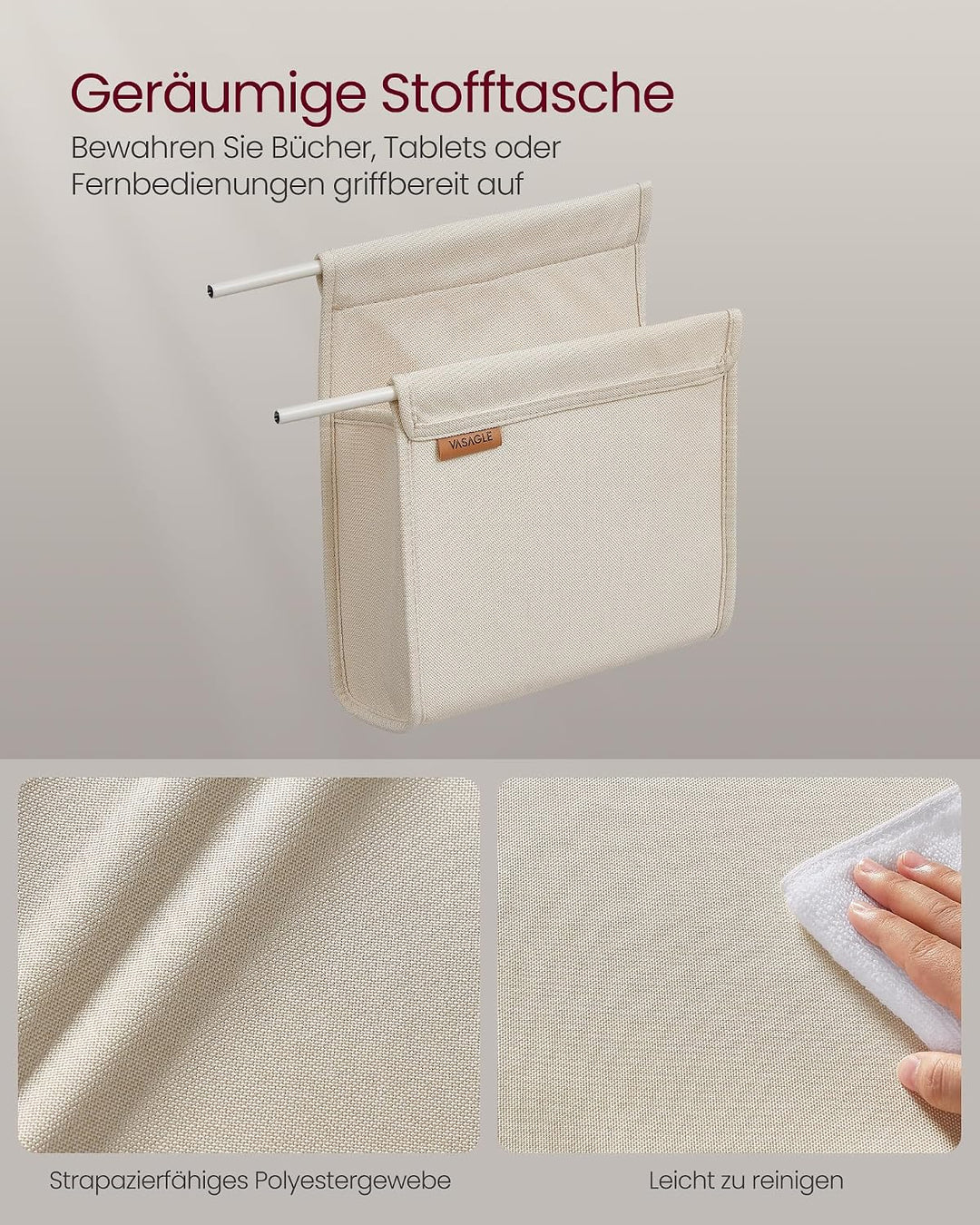 VASAGLE Beistelltisch, Sofatisch mit Rollen, C Form, Couchtisch klein, Stofftasche, verstellbare Füs