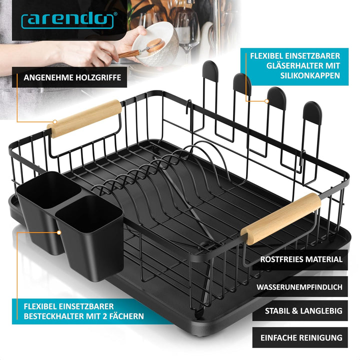 Arendo - Abtropfgestell Geschirr - Geschirrständer für die Küchentheke – Holzgriffe - 4 x Glashalter