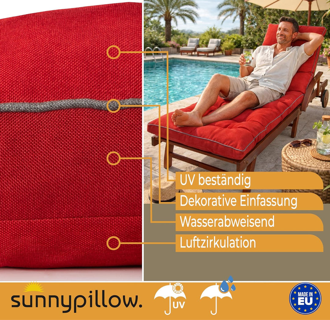 sunnypillow Liegenauflage 200x60, Auflage für Gartenliege 13cm dick Rot Rot 200 cm x 60cm x 13 cm, R