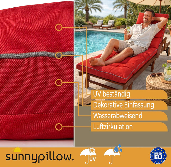 sunnypillow Liegenauflage 200x60, Auflage für Gartenliege 13cm dick Rot Rot 200 cm x 60cm x 13 cm, R