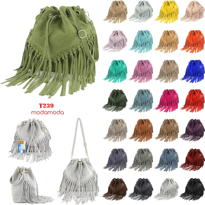 modamoda de - T239 - ital. Schultertasche Fransen Wildleder Blaugrau, Blaugrau