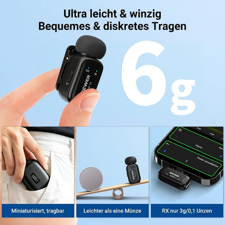 NEEWER KM19 Mini Drahtloses Mikrofon kompatibel mit iPhone 17 16 15,Schwarz