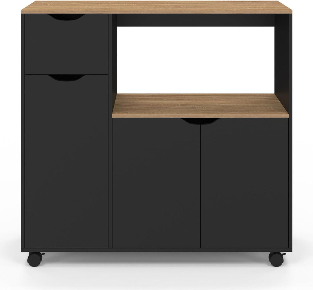 IDMarket - Mikrowellen-Küchenwagen COSI XXL Schränke mit schwarzer Holzschublade und Buchenholzplatt