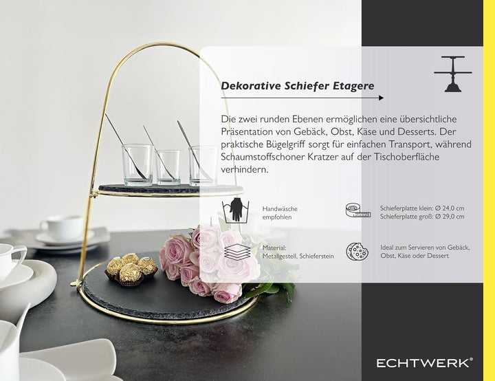ECHTWERK Etagere-/ Servier-Ablage für Gebäck, Obst, Käse und Dessert mit 2 Ebenen aus Naturschiefer