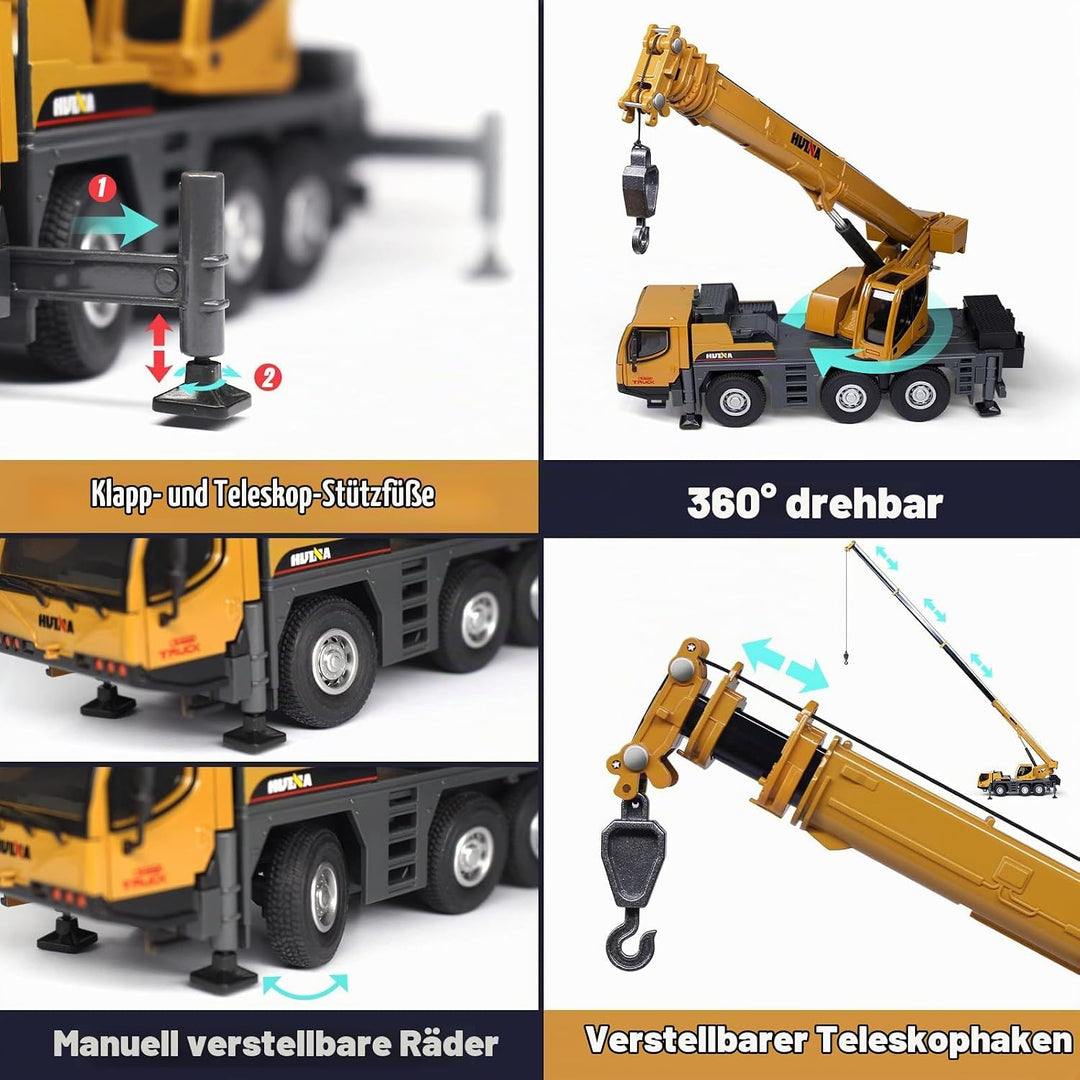 HUGMIE 1:50 Kran Spielzeug, Abschleppwagen Metall/Kunststoff, LKW Spielzeug Kran mit Ausfahrbarer La