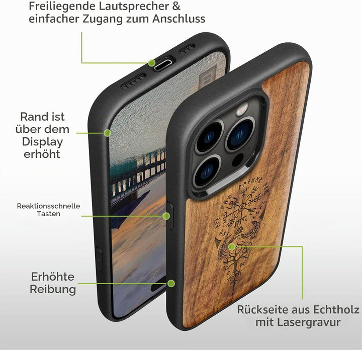 Carveit Magnetisch Hülle für iPhone 14 Pro Max Case [Elegante Walnuss] [Weich TPU Stossstange] Stoss