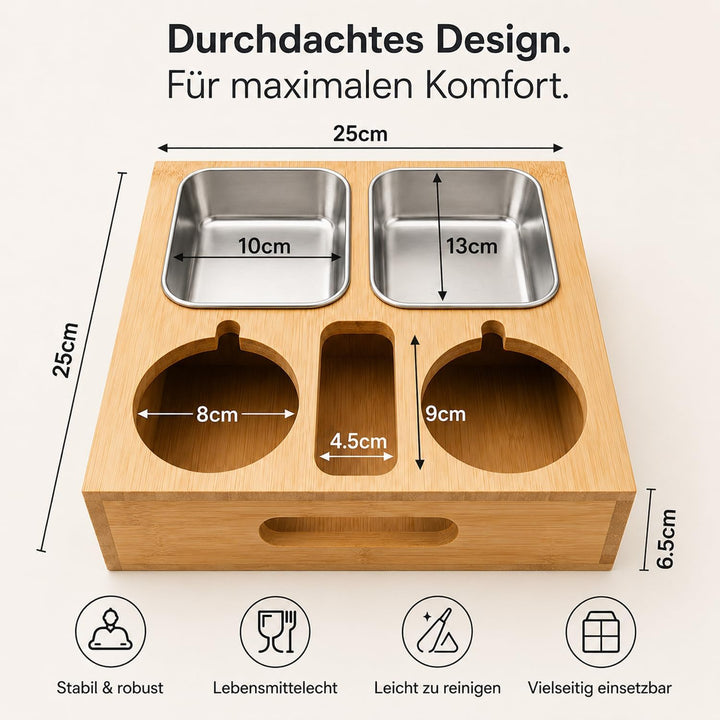 Couchbar aus Bambus mit Kerzenhalter &amp; Weinglas-Aussparung – Sofa Organizer mit 2 Edelstahlschalen,