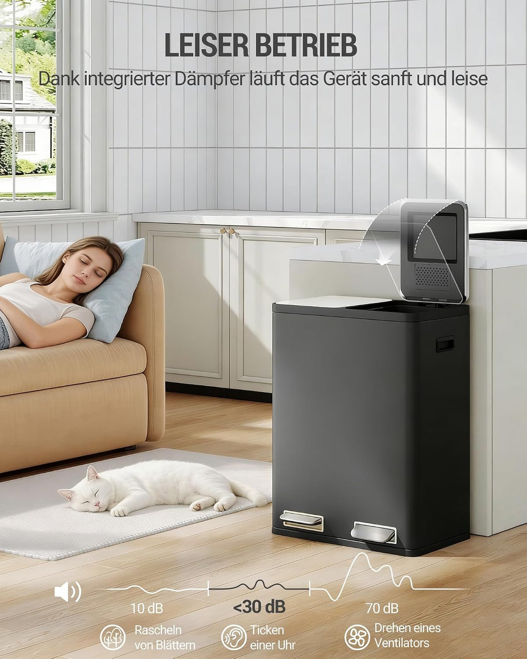 Hzuaneri Mülleimer Küche, Mülltrennsystem 2 Fächer 60L (2 x 30 L), Edelstahl-küchenmülleimer, Tretmü