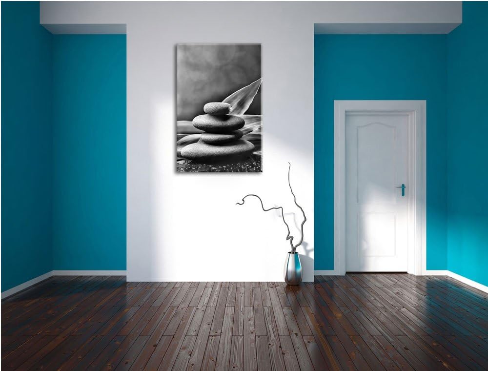 Pixxprint Monocrome, Zen Steine mit Blättern, Format: 100x70 auf Leinwand, 100x70