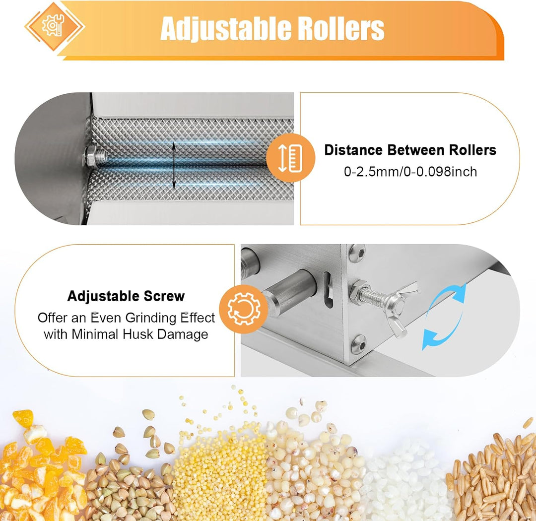 Manuelle Getreidemühle, 4L Malzmühle mit 2 Einstellbare Roller, Edelstahl Verstellbare Grainmühle mi