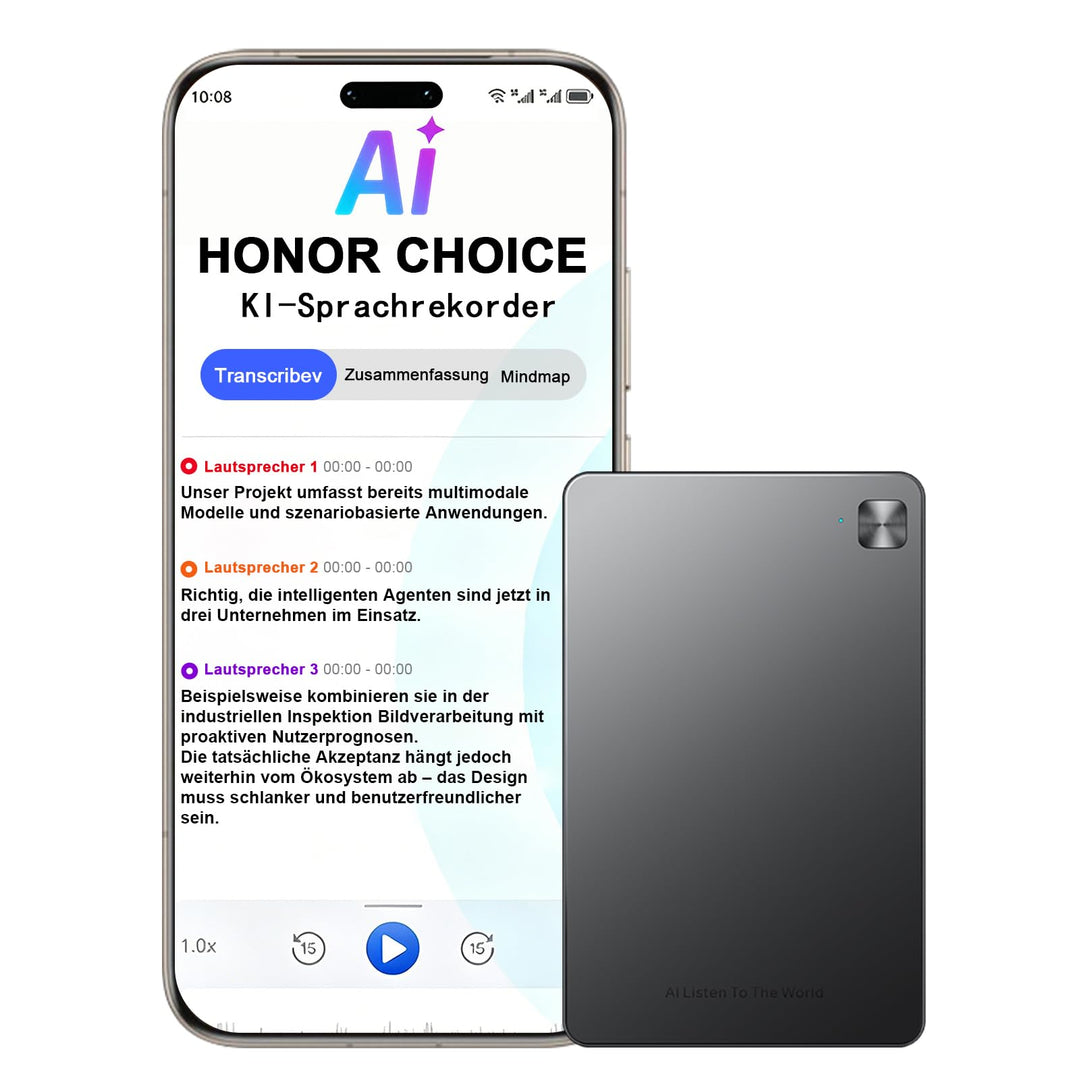 HONOR Choice AI Note Sprachrekorder, 600 Min/Monat Kostenlose Transkription, Digitales Diktiergerät