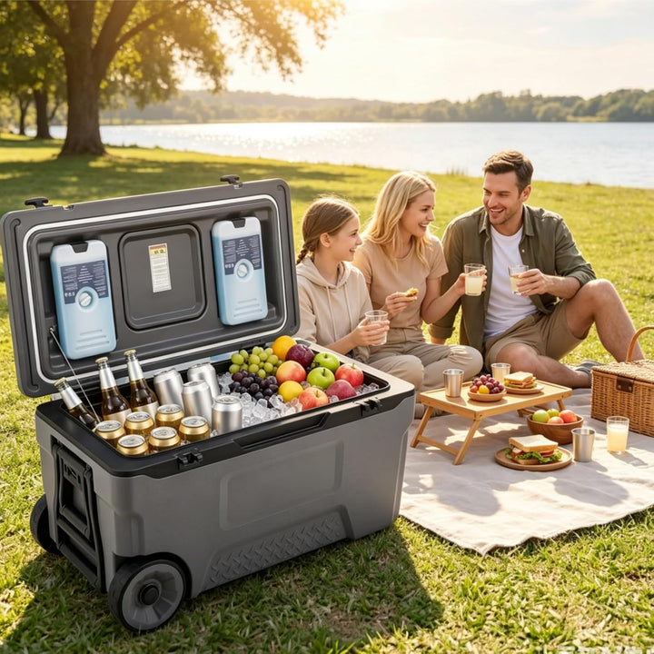 LIFEZEAL Grosse Kühlbox, Isolierbox Kunststoff mit Rädern &amp; Griff Grau 70 L, Grau 70 L