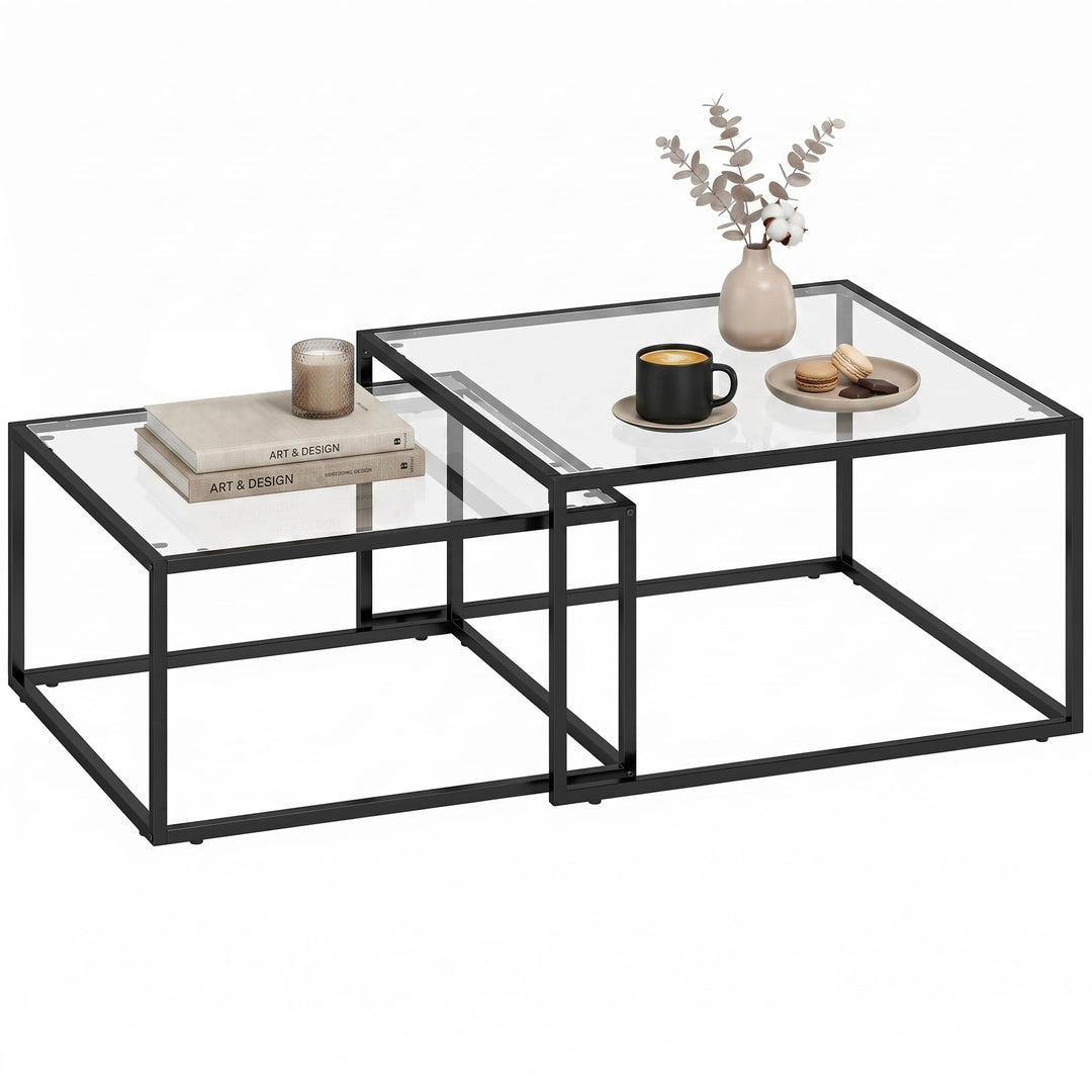 HOMCOM Couchtische 2er-Set Satztisch mit Gehärteter Glasplatte Schwarz