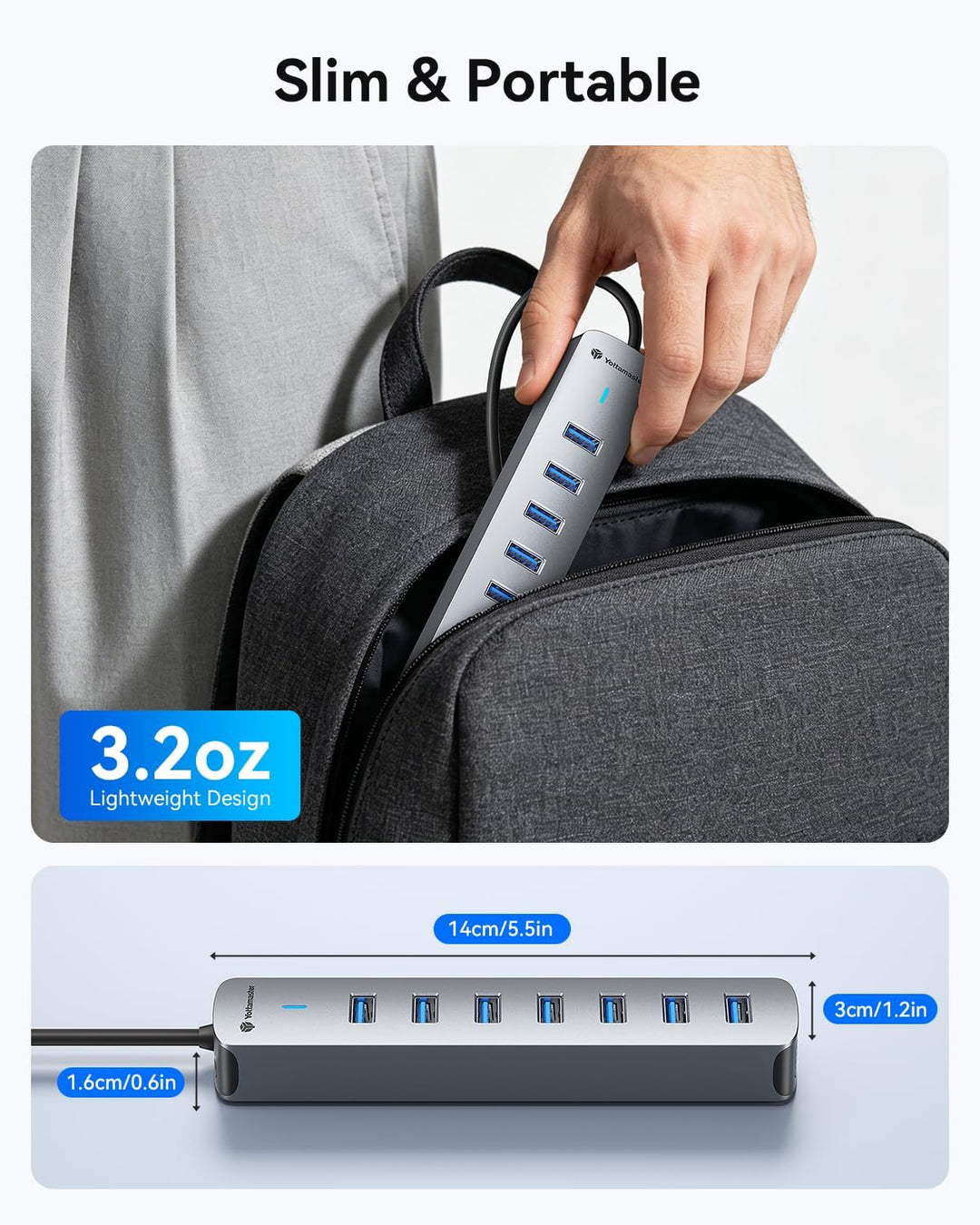 Yottamaster 7-Port USB Hub 3.0 mit 100cm Kabel für Desktop, 5V 3A Aluminium USB Verteiler 5Gbps Mult